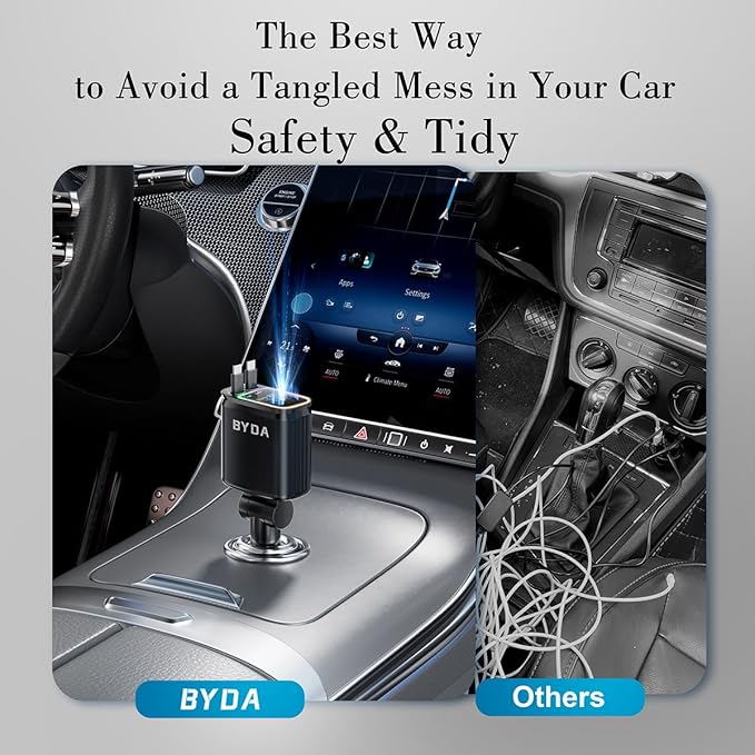 4 in 1 Retractable Car Charger with Starry Light,69W USB-C Fast Car Charger, for iPhone 17/16/15/14/13/12/11, Android,Pixel,Cigarette Lighter Charger (Dual Cord USB-C)