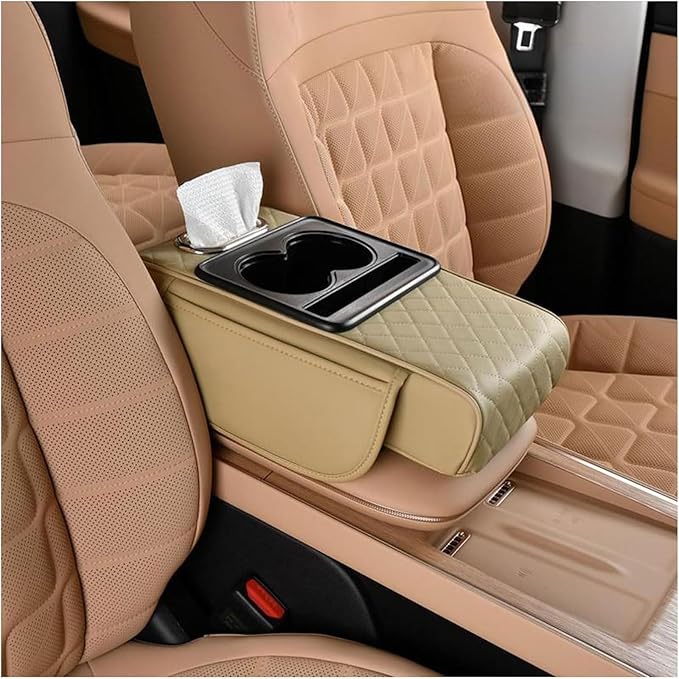 Car Armrest Cushion for Toyota Crown Majesta VI 2009-2015 2016 2017 2018, Car Center Console Cover Armrest Pad with Cup Holder and Tissue Box, Car Accessories,Beige