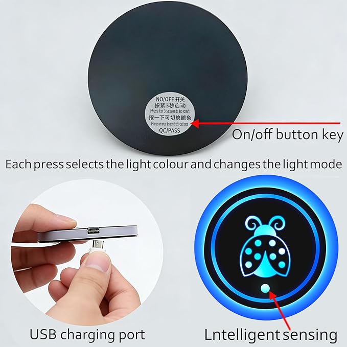 Cat LED Cup Holder Lights for Car,2Pcs LED Light Up Cup Holder Coasters with USB Charging 7 Colors 3 Modes,Waterproof Interior Atmosphere Lamp,Car Decor Accessories Cat Gifts for Women Men
