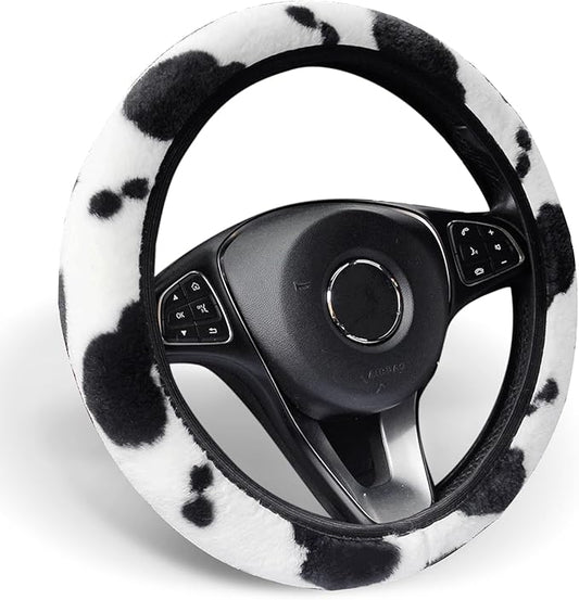 ALEMODR Cow Print Plush Steering Wheel Cover Fluffy Winter Warm Universal 15 inch for Women Girls