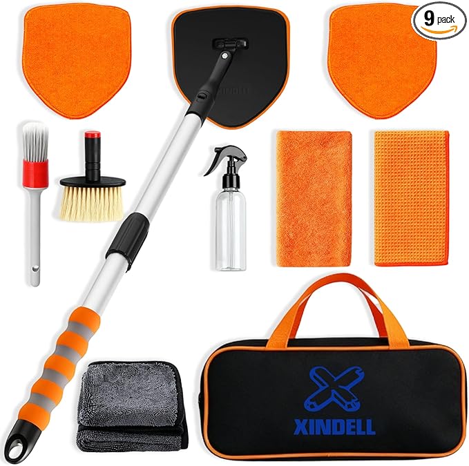XINDELL Windshield Cleaner Tool, Extendable Car Window Cleaning Kit with 360° Rotating Head, All Purpose 10pcs Interior Exterior Glass Cleaner for Cars Trucks SUVs, with Microfiber Pads & Towels