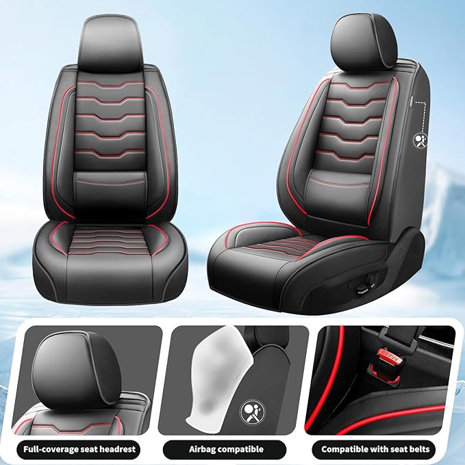 Fit Kona Car Seat Covers for Select Hyundai Kona 2018-2025 2026. Premium Leather, Waterproof， Breathable, Scratch-Resistant & All-Weather Seat Cushion Protector (Front Pair,Red Line Black)