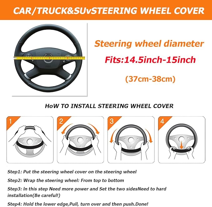 Car Steering Wheel Cover, PU Leather Non-Slip Lantern Pattern Vehicle Steering Wheel Cover Protection, Breathable Automotive Interior Protecter Accessories, Universal Fit (Black)