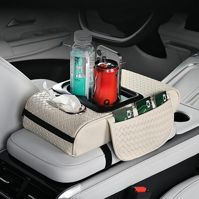 Car Armrest Cushion Cover Car Center Console Memory Foam Booster Pad with Storage Pocket and Tissue Hole for Sedan Vehicle (Cupholder - Orange, 13.39 * 7.68 * 2.95'' / 34 * 19.5 * 7.5cm)