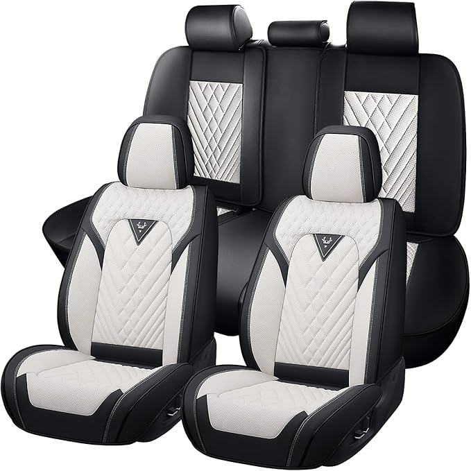 Truck Seat Covers for GMC Sierra 1500 2007-2026, Waterproof Premium Leather Full Coverage Car Seat Cover, Muscle Sport Style Auto Interior Seat Cover Sets (Full Set/Black White)