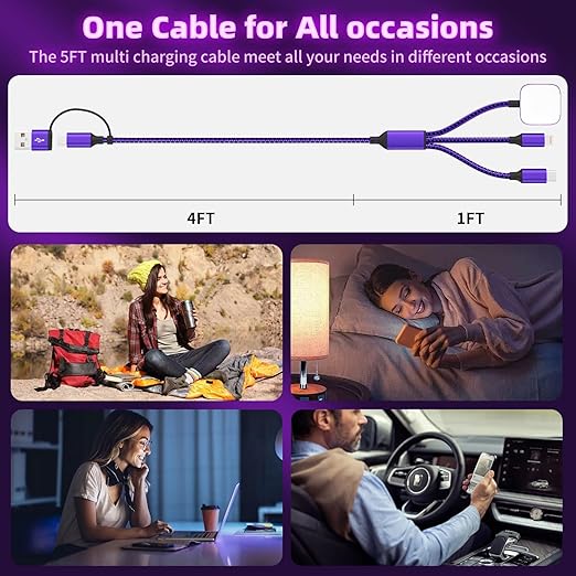 Travel Essentials 3in2 Multi Charging Cable for iPhone Watch Charger,USB A/C to Type C/IP/iWatch Charger,Travel Chargers for Multiple Devices Compatible with iWatch Series&iPhone 16-12 5FT