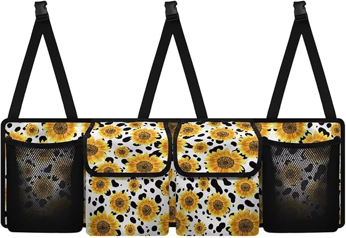 Sunflower Cow Car Trunk Organizer Backseat Cargo Storage Bag with Elastic Net Collapsible Pouch SUV, Truck, MPV Car Accessories