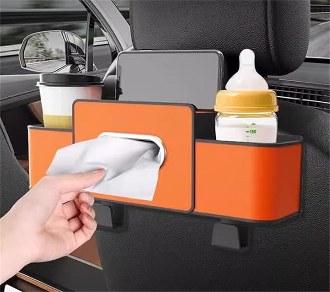 Car Organizers and Storage Box Behind Seat, Car Organizer Back of Seat, 4 in 1 Multifunctional Cars Organizer, For Snacks, Drinks, Bag Hook, Keep Tidy & Organized (White+Brown)