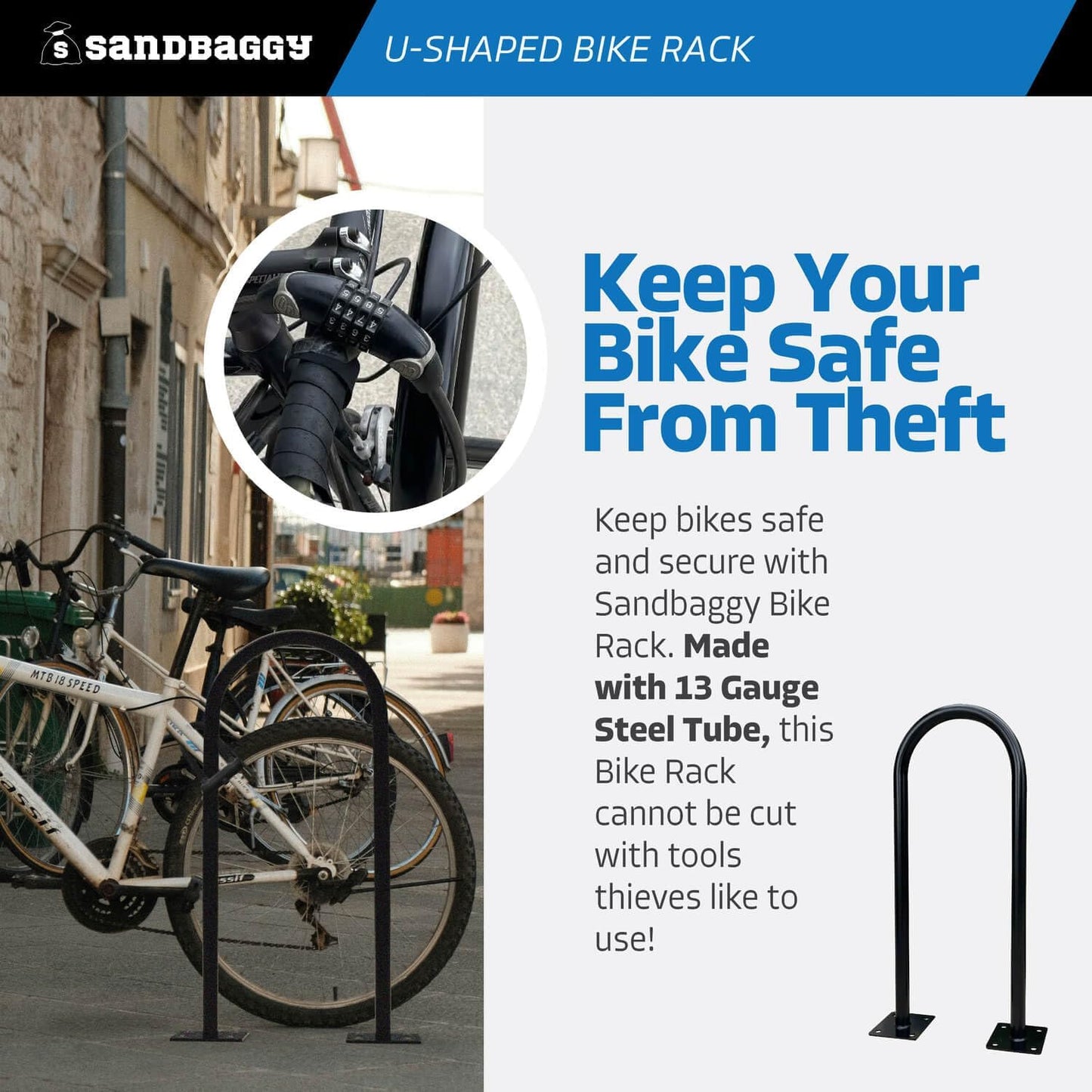 Sandbaggy Outside Bike Stand Floor - U Shaped & Commercial Standing Bike Rack - Premium Quality Galvanized Steel - Perfect Bicycle Floor Stand for Protection - Black, 14.5" x 34" - 1 Loop (50)