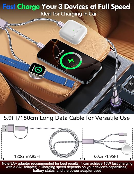 Travel Essentials for Apple Watch Charger,iPhone Charger,3 in 2 Type C/L/Magnetic Fast Charging Cable,Multi Charging Cable Portable Designed for iWatch Series,iPhone 17-11,Galaxy S26-S21,Car-6FT