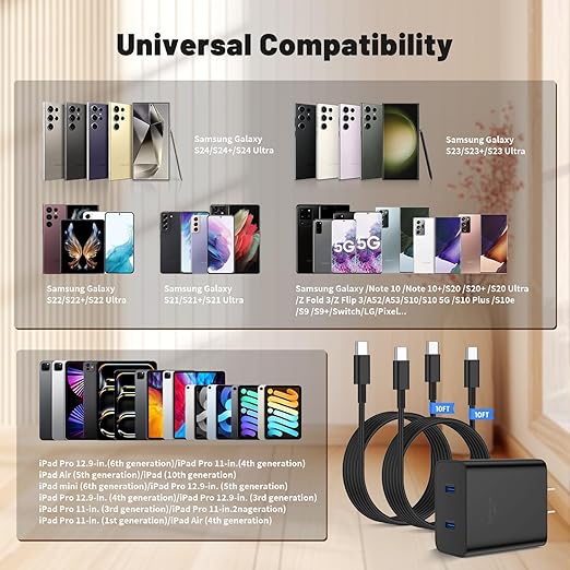 45W Dual Port Super Fast Charger with Long USB C to C Cable 10ft,Type C Wall Charger Block and Android Phone Charging Cord for Samsung Galaxy S26 Plus/S25 Ultra/S25+/S24+/S24/S23+/S22+/S21/S20/Note 20