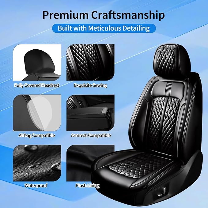 Fit Malibu Car Seat Covers (Front Pair) for Select Chevrolet/Chevy Malibu 2009-2025 - Full Coverage Leather, Airbag Compatible, Waterproof & All Weather Seat Cushion Protector, Black