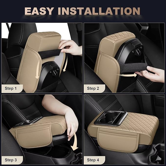 Center Console Cover Fit for Corolla Cross Faux Leather Car Armrest Cushion with Storage Bags, Cup Holder ＆ Phone Storage Multifunctional Middle Console Cover(Beige)