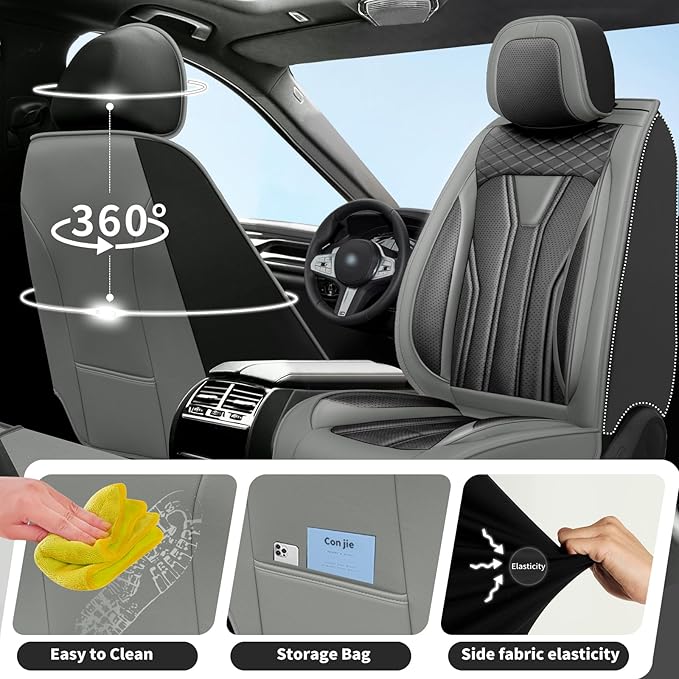 Fit Kicks Car Seat Covers， Compatible with Nissan Kicks 2018-2026 -Premium Leather, Waterproof Breathable All-Weather Seat Cushion Protector Airbag Compatible（2 Seats Front Pair，Gray & Black