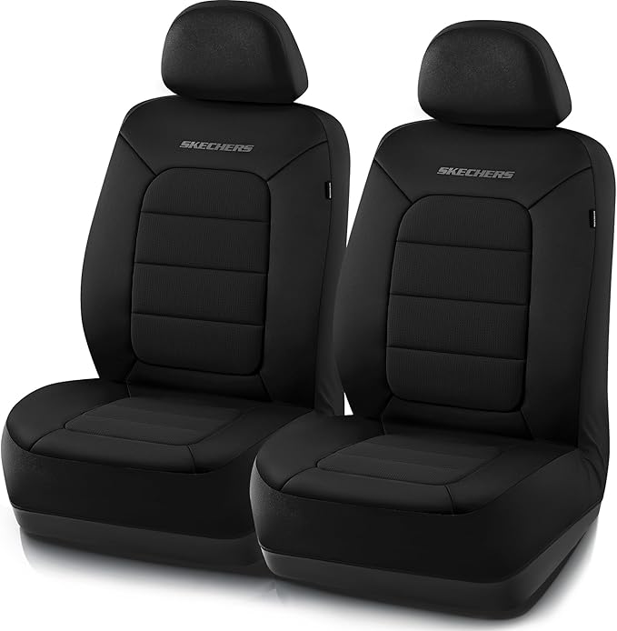 Skechers Memory Foam Car Seat Covers,Thick Cool Touch Fabric Seat Covers Front Seat Covers Airbag Compatible,Automotive Comfort Protection for Most Cars,Vans,Trucks,SUV,Black
