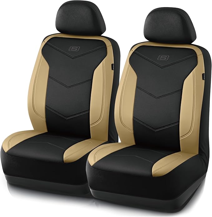 Skechers Memory Foam Seat Covers,Leather Car Seat Covers, Ultimate Comfort & Support Front Seat Covers Airbag Compatible, Automotive Universal Fit Most for SUVs, Vans, Sedans, Cars, Trucks,Beige