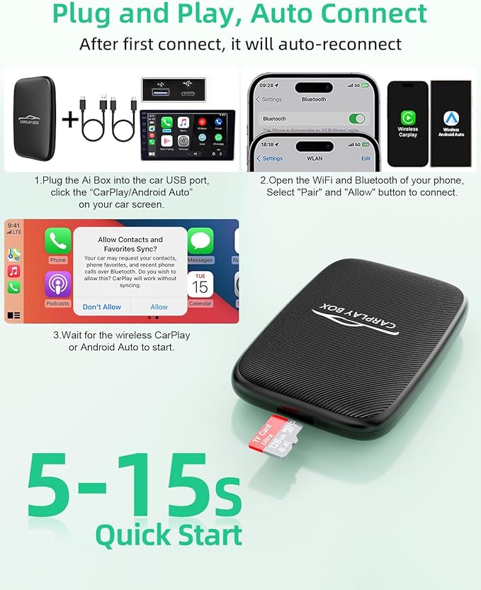 5-in-1 Wireless Android Auto & Carplay Adapter, Wireless CarPlay Adapter Support Netflix/YouTube/TF, USB-A/USB-C Cables, Convert Wired to Wireles Apple Dongle, Magic Video Box Car Play for iPhone