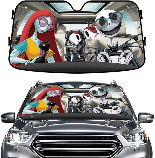 GENANY Horror Family Windshield Sun Shade for Car SUV Truck (64x32 inches), Sun Shade Windshield, Shades for Front Windows, Protector Blocks UV, Halloween Car Decor