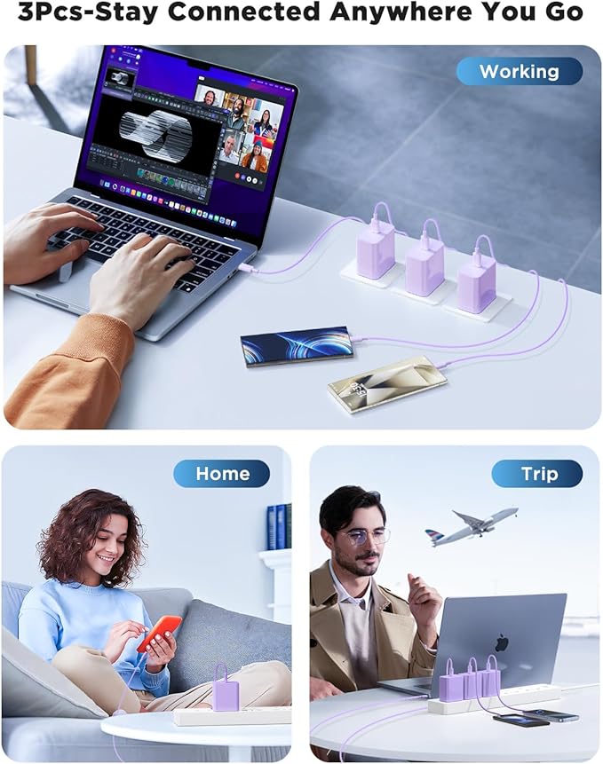 3Pack 45W Super Fast Charger Type C 10FT, USB C Android Phone Charger Fast Charging Block with Ertra Long Type-C Charger Cord for Samsung Galaxy S25/S25 Ultra/S25+/S24 Ultra/S24/S24+/S23/S22-Purple