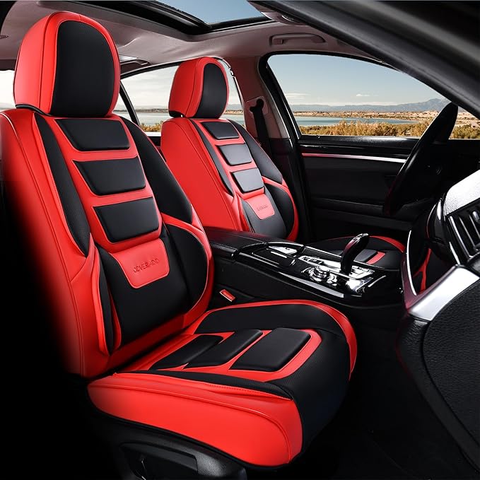 Coverado Car Seat Covers Full Set, Seat Covers for Cars, Front Seat Covers and Back Seat Cover Waterproof Leather Automotive Seat Cover, Universal Car Interior Protectors Cushion for Most Cars Red