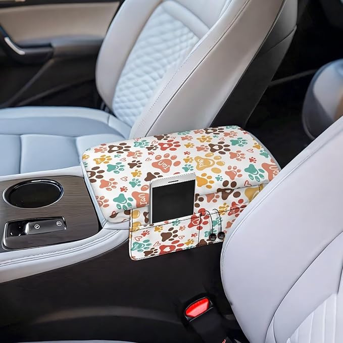 Dreaweet Dog Paw Center Console Armrest Pad Cover Thick Arm Rest Cover for Car Cute Car Accessories for Women Scratch Proof Comfy Car Center Console Cushion Pad with Pockets