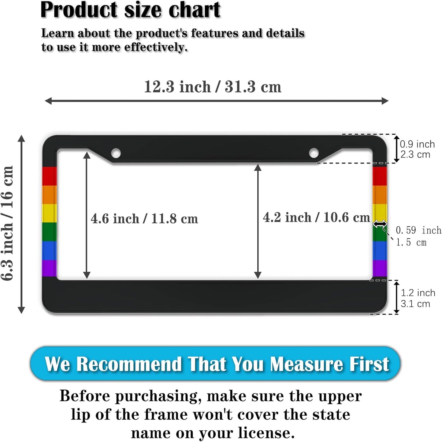 License Plate Frames Rainbow Automotive Exterior Accessories Gay Rainbow Strip Universal Aluminum Car Accessory 2 Pack with Screw Covers Set