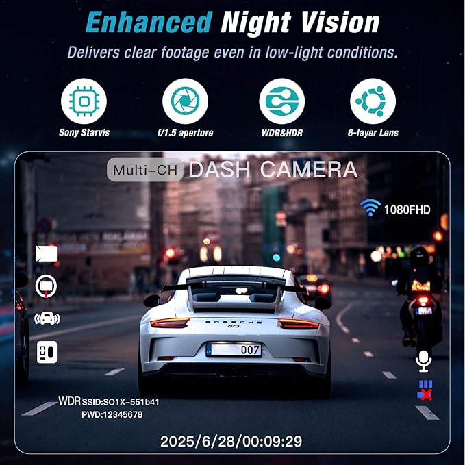 4 Channel 2.5K Dash Cam Front Rear Left Right, 170° Wide Angle Car Dash Camera with 5GHz WiFi & App Control, G-Sensor, Super Night Vision, 24H Parking Monitor, Loop Recording, 64GB SD Card Included