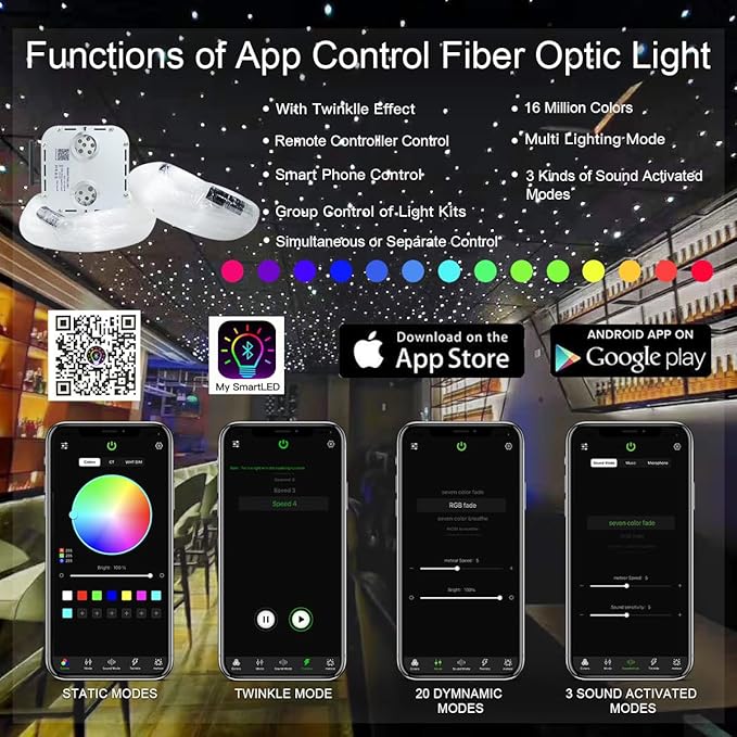 AKEPO 32W APP Twinkle Dual Head Fiber Optic Lights Kit Music Activated RGBW Star Ceiling Sky Light, 2000pcs 16.4ft/5m 0.03in/0.75mm Optical Fiber Cable + 28key Remote for Car & Home Media Room Decor