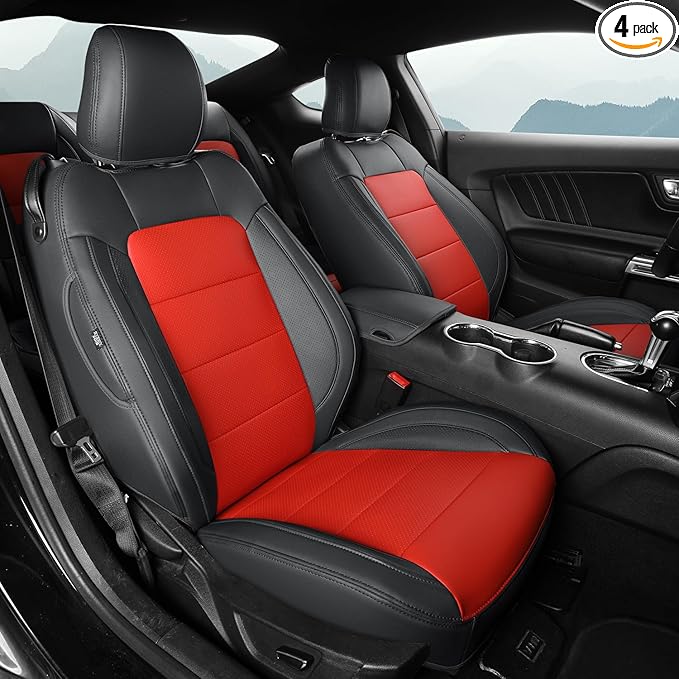 GIANT PANDA Customized Full Set Car Seat Covers Fit Ford Mustang Coupe Hardtop 2015 2016 2017 2018 2019 2020 2021 2022 2023 2024 2025 2026- (Black+Red)