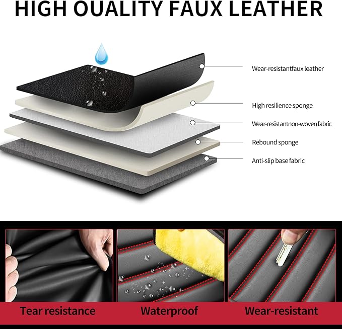 Fit Camry Car Seat Covers for Toyota Camry 2012-2024 2025 2026 - Upgraded Premium Waterproof & Breathable Leather, Airbag Compatible, All-Weather Seat Cushion Protector (2 Front/Black+Red)