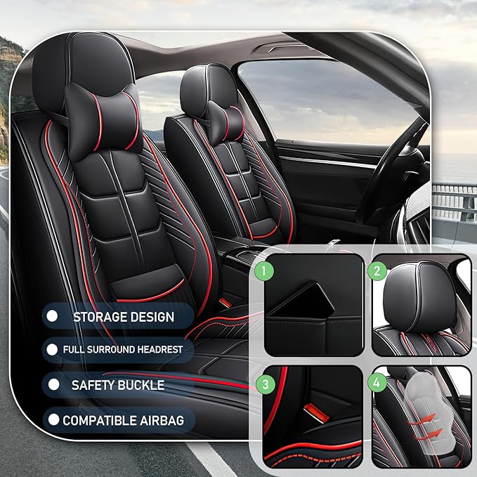 Leather Car Seat Covers Fit for Toyota Corolla 1997-2024, 5 Seater Car Seat Cover, Premium Waterproof, Scratch Resistant Car Interior Accessories (Full Set with Pillow Black Red)