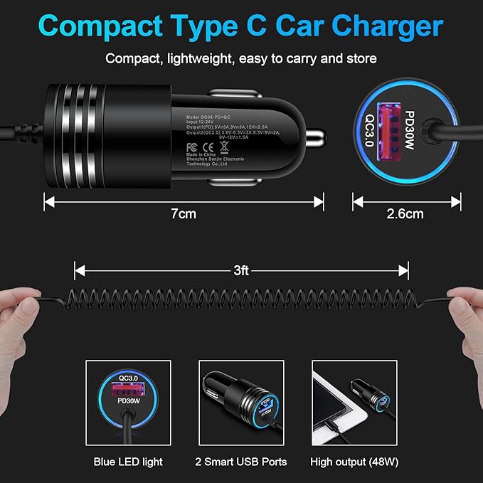 for iPhone 17e/17/16/15 Car Charger,48W PD+QC USB C Fast Car Charger Cigarette Lighter Adapter with 30W Built-in Coiled Type C Fast Charging Cable for iPhone 17e 17 Pro Max Air 16e 16 Pro Max 16 Plus