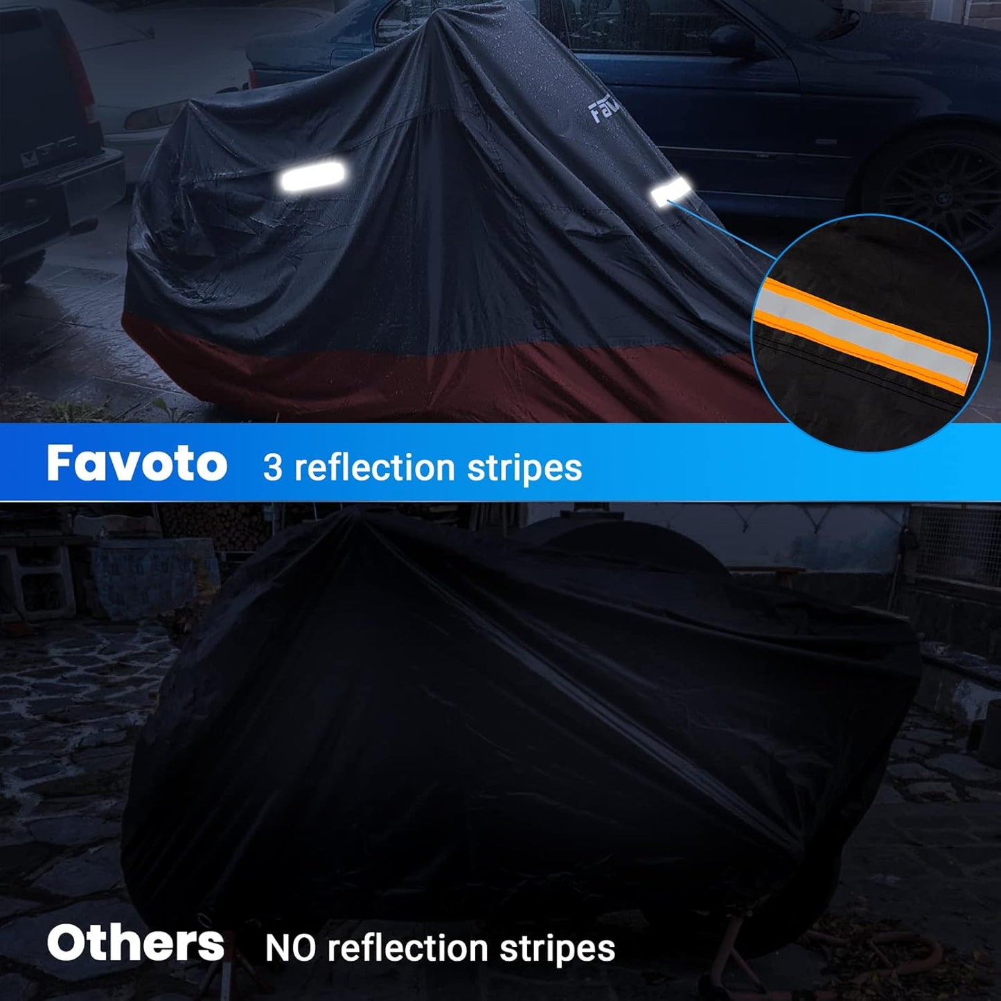 Favoto Motorcycle Cover All Season - Universal Weather Quality Waterproof Sun Rain Outdoor Protection Night Reflective with Lock-Holes & Storage Bag Fits up to 86.6" Motorcycles Vehicle Cover