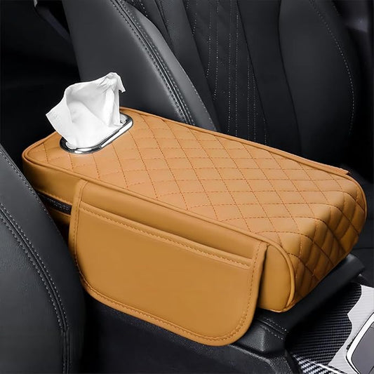 Car Center Console Cover for Fiat 500L (Type 330) 2012-2021, Leather Car Arm Rest Cover, Car Armrest Cushion with 2 Storage Bags Car Center Console Armrest Pad, G Yellow