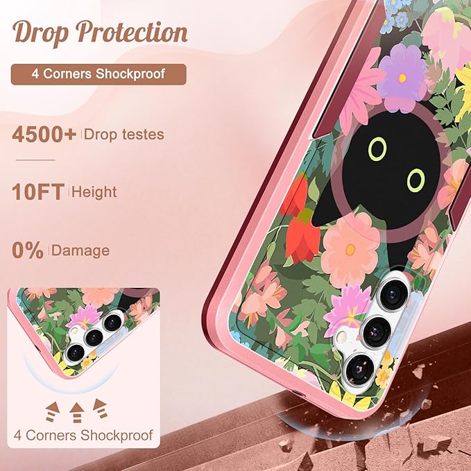 for Samsung Galaxy A16 5G Phone Case - Compatible with MagSafe Women Girls Cute Magnetic Protective Cover Kawaii Girly Cat Flower Floral Heavy Duty Shockproof Design for Samsung A16 5G Case