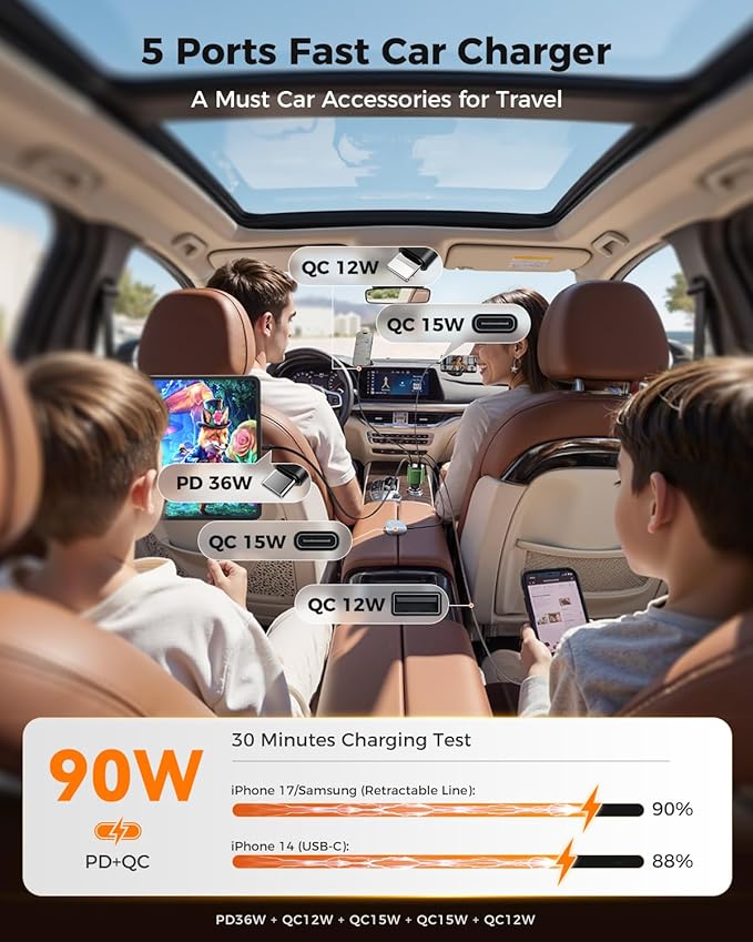 SUPERONE 5 in 1 Retractable Car Charger with Dual Type C Cables, 90W Fast Charging USB C Car Accessories Adapter for iPhone 17/16/15/14/13/12, iPad, Galaxy, Pixel