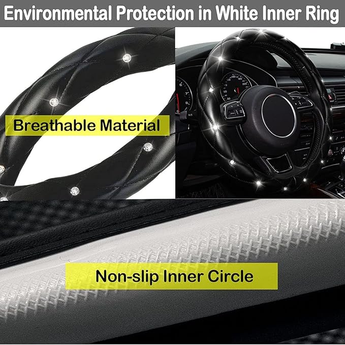 Xizopucy Diamond Leather Bling Steering Wheel Cover, Universal Car Steering Wheel Protector with Crystal Rhinestones Anti-Slip Soft Interior Accessories for Women and Girl Fit 15 inch -Black