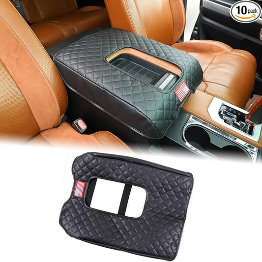 Aunginsy Leather Center Console Armrest Cover Compatible with Toyota Tundra 2014-2021, Car Arm Rest Pad Seat Box Cover Cushion Lid Scratch Protector Waterproof Black Accessories, With USA Flag Pattern