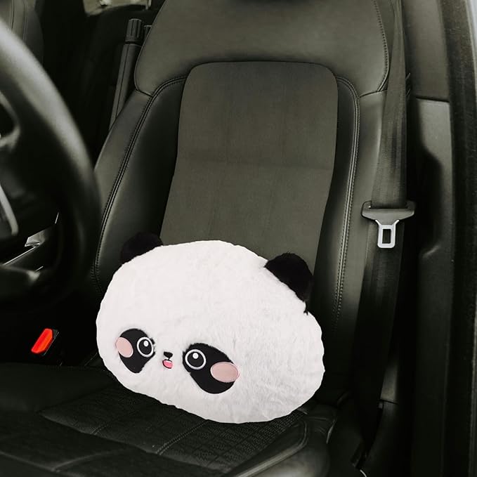 NUOBESTY Panda Plush Lumbar Support Pillow for Car Seat and Office Chair, Round Embroidered Rabbit Fur Cartoon Cushion for Lower Back Comfort During Driving and Travel