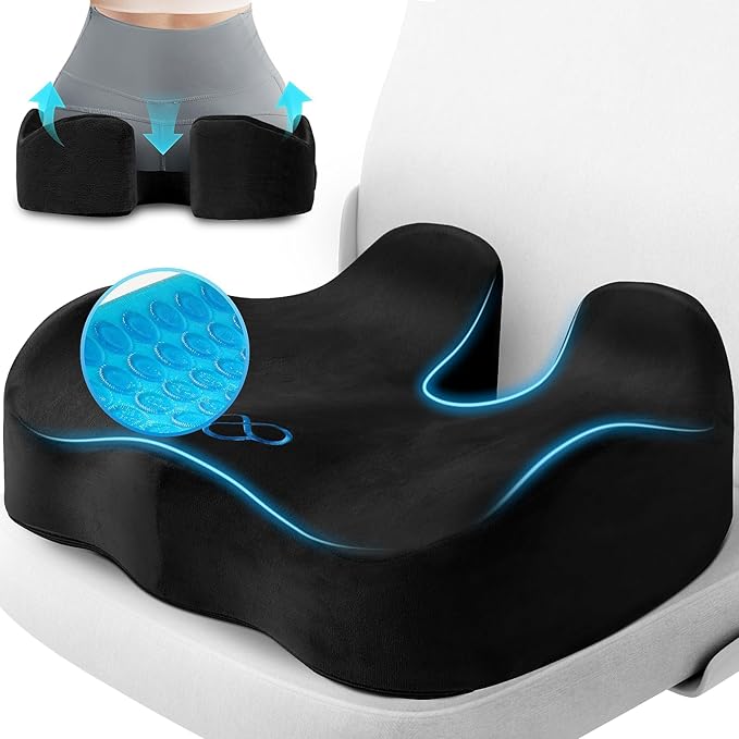 Seat Cushion, Gel Chair Cushions, Office Chair Cushions, Anti-Slip Bottom & Removable Cover Tailbone Pain Relief Cushion, Memory Foam Seat Cushion for Office, Wheelchair, Car (Black)