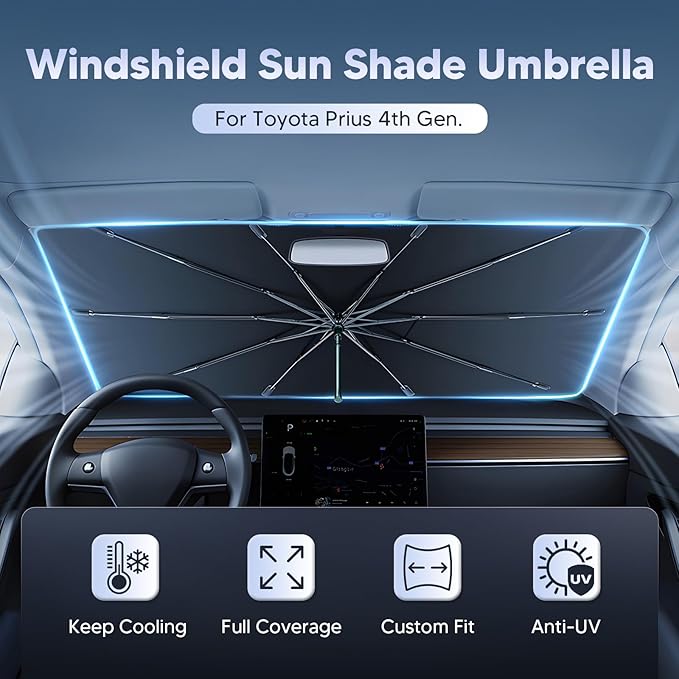 Autorder Windshield Sun Shade Umbrella for 2016-2022 Toyota Prius Accessories,Upgraded Ice Crystal Material,Easy Setup Umbrella Sunshade for Car Windshield,100% Sun Blocking