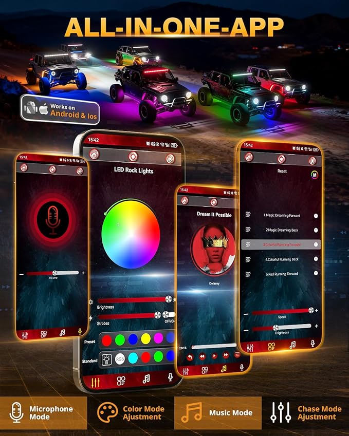 Auxbeam 4 Pods RGB LED Rock Lights Dynamic Color Changing with Brake Mode Wheel Well Lights w/Bluetooth APP+Remote Control Music Voice Sync IP67 Waterproof Underglow Kit for Trucks ATV 1 Year Warranty