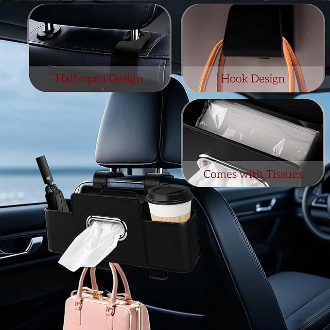 3-in-1 Car Backseat Organizer, 2026 Upgraded Multifunctional Car Seat Back Storage Box, Backseat Car Organizer with 2 Cup Holders, Tissue Box & Hooks, Universal Car Essentials (2Pack C)