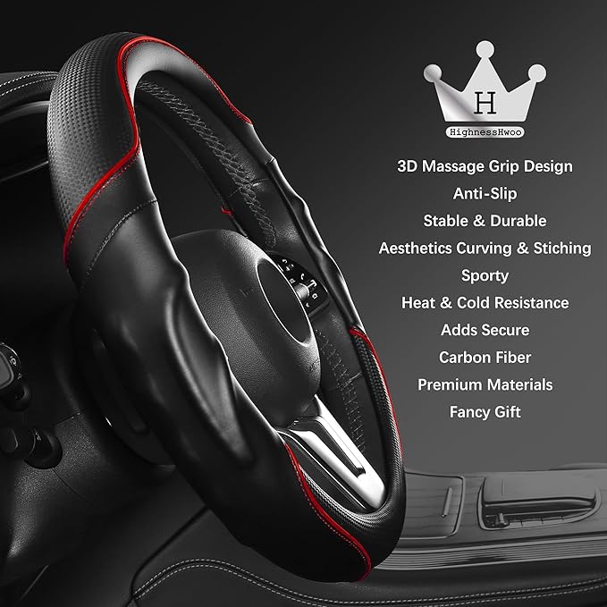 3D Car Steering Wheel Cover Comfort Grip Massage Sporty Anti-Slip Carbon Fiber Faux Leather for Sedan SUV, Universal Fit, Car Handle Covers for All Seasons, 14.75-15.15in, Red