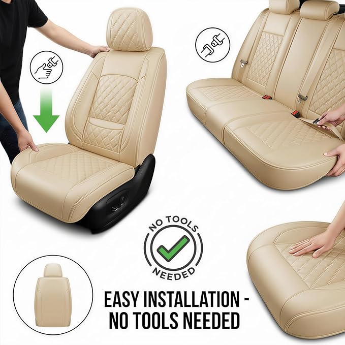 Fit Elantra Car Seat Covers for Hyundai Elantra 2017-2025 2026 - Premium Leather, Waterproof, All-Weather, Airbag Compatible, Anti-Slip, Breathable, Seat Protectors, Full Set, Beige