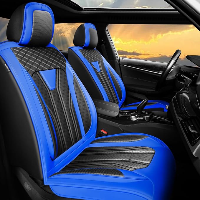 Fit Leaf Car Seat Covers Compatible with Nissan Leaf 2012-2025 2026 - Full Set Premium Leather， Waterproof Breathable， All-Weather Seat Cushion Protecto&Airbag Compatible （Blue & Black