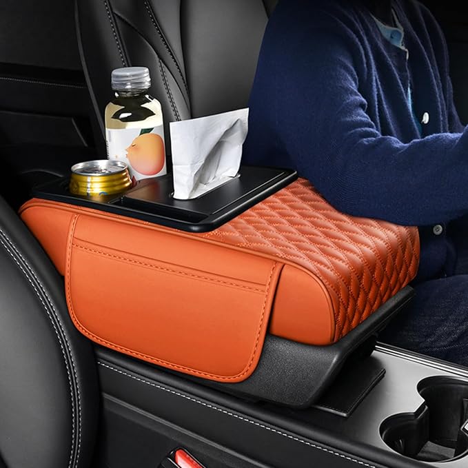 5-in-1 Car Armrest Pad Cushion, Water Ripple Embossed Center Console Booster Pad with Tissue Box, Cup Holder, Storage Bag, Phone Slot, Fit for Most Sedan Vehicles (Water Ripple Series, Black-Red)