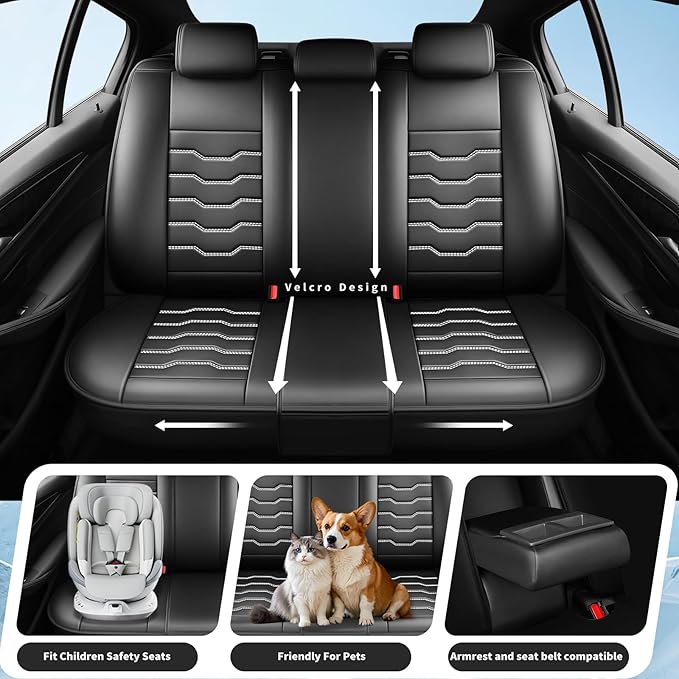 Fit CRV Car Seat Covers Premium Leather for Honda CRV cr-v 2011-2025 2026. Waterproof， Breathable, Scratch-Resistant & All-Weather Seat Cushion Protector (Full Set,White Line Black)