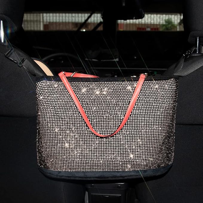 eing Crystal Car Organizers and Storage Purse Holder, Car Seat Back Net Handbag Accessories with Bling Diamonds for Women, Car Pet Barrier for Dogs and Kids, Gold