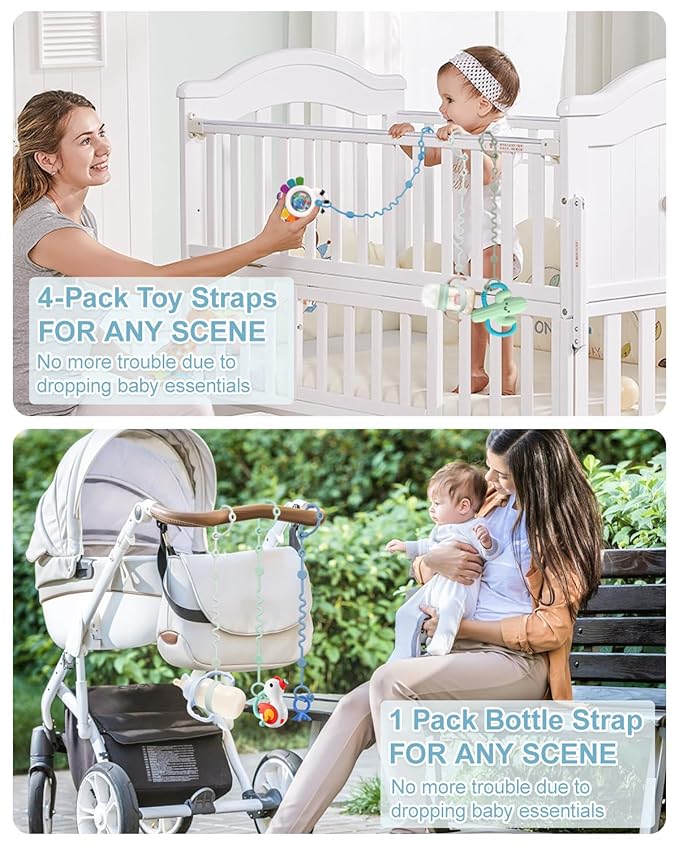 LittleHugs Toy Straps for Baby, Adjustable Toy Holder for Stroller Accessories, Silicone Tether Pacifier Clip, No Throw Travel Essential Leash for High Chair, Car Seat (boy-4 Pack)